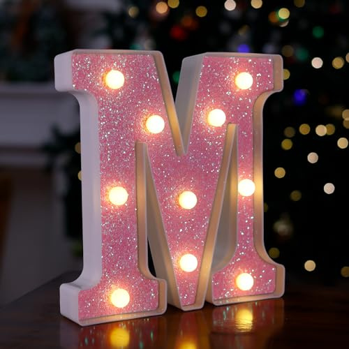 Marquee Light Up Letters, Pink Glitter LED Letter Lights - Letter M | Alphabet Letter Sign Marquee Numbers, Battery Powered for Girls Room Party Decor, Night Bar Wedding Birthday Christmas Lamp