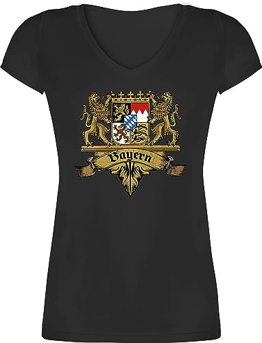 T-Shirt Damen V Ausschnitt - Kompatibel mit Oktoberfest - Bayern Wappen Bayernland Freistaat Bayern - XS - Schwarz - trachtenshirt bayrische Bayern, Shirt Trachten-Tshirt bayrisch bayerische Tshirt