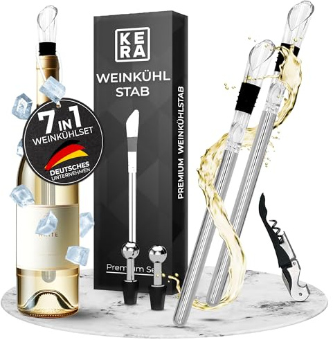 KERA® Weinkühler Weinkühlstab Flaschenkühler | 7-in-1 | inkl. 2 Längen + 2 Ausgießer + 2 Flaschenverschluss | Optimale Kühlwirkung | Wein Zubehör Weinkühlstab | Edelstahl (7er-Set Version B)
