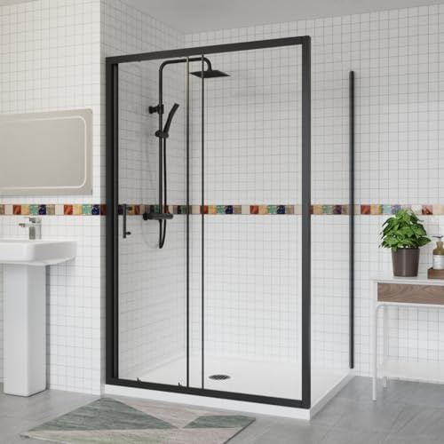 Aquariss 1200x800mm Sliding Shower Enclosure with Side Panel Black | Quick Assemble, Aluminum Profile, 6mm Tempered Glass, Easy Clean, 20mm Wall Adjustable, Reversible, Durable, Seal Strips