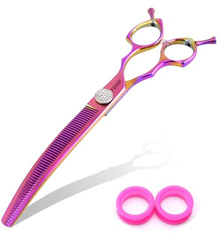 Professional Curved Thinning Shears Dog Grooming Scissors 7.5'' Rainbow Curved Thinner Scissors for Grooming Large Dogs Pet 56 Teeth Japan 440C(Curved Thinner,Rose Red)