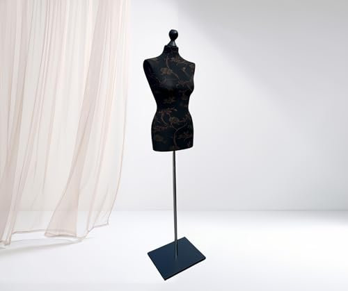 LUSORIA Schneiderpuppe, Schneiderbüste weiblich schwarz mit braunen Blumen/schwarzer Standfuß (XS 34/36)