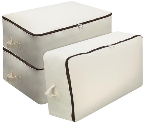 3 pezzi borse portaoggetti organizzatore per armadio in 100% tela di cotone naturale, 340g spessa, morbida e traspirante, per biancheria da letto, trapunte, cuscini, coperte, vestiti, 65 x 47 x 22 cm