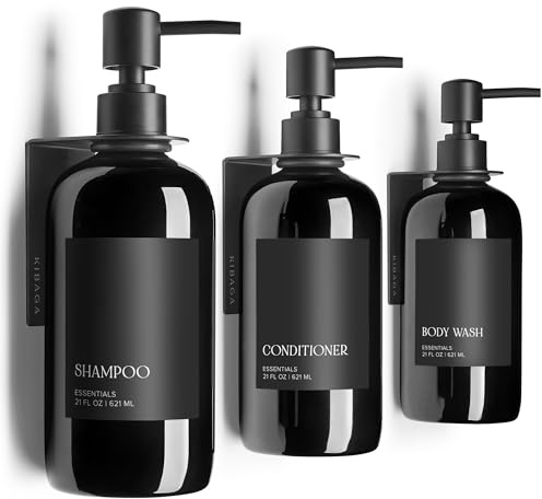 Stylish Shampoo and Conditioner Dispenser Set of 3 for Wall Mount - Modern Drill Free 21oz Shower Soap Bottles with Labels - Easy Refill Body Wash Dispensers for an Instant Bathroom Decor Upgrade