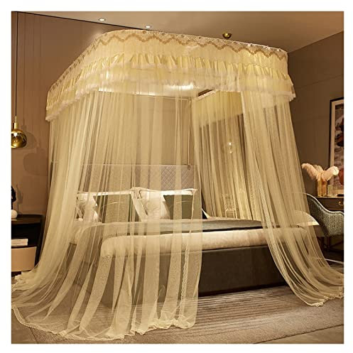 Baldachin für Mädchenbett, Moskitonetz, Prinzessin, DREI seitliche Öffnungen, Pfosten, Spitze, Bettvorhang, Baldachin, Netz, Bettnetz, Baldachin, Bettwäsche (Farbe: Beige, Größe: 180 x 200 cm)
