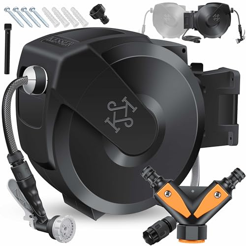 KESSER® Schlauchtrommel mit Gartenschlauch 30m | Wasserschlauchtrommel zur Wandmontage | Wandhalterung | 180° schwenkbar & automatische Aufrollung | Wand-Schlauchbox inkl. 7-Funktionen Handbrause