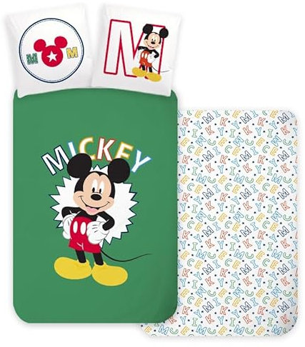 Parure de Lit Mickey pour Lit Bébé ou Évolutif, Housse de Couette Réversible 100x135 cm + Taie d'oreiller 40x60 cm, 100% Coton