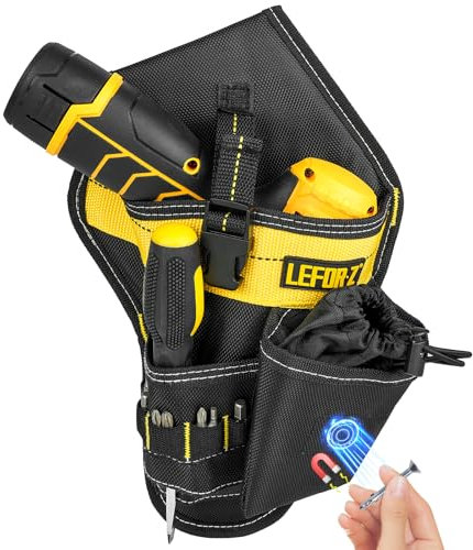 Marsupio Porta Attrezzi,Fondina per Trapano,Cintura porta Attrezzi da Lavoro,Adatta alla Maggior Parte dei Trapani,Chiave Elettrica Inglese,Martello,Cacciavite,Nero Giallo(Solo Fondina per Trapano)