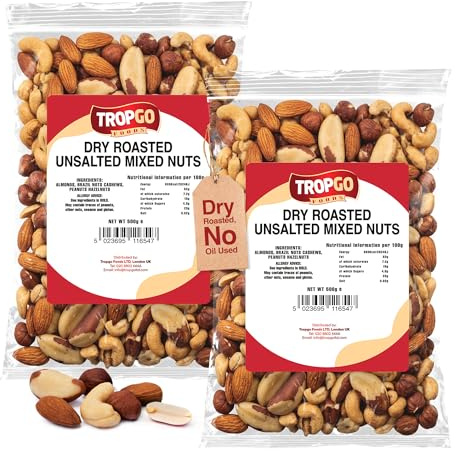 Tropgo Roasted Unsalted Mixed Nuts 2 × 500g (1KG) - Packed Fresh, Healthy Nuts with Fibre, Protein, and Minerals - Perfect for Snacking - Includes Almonds, Brazil Nuts, Cashews, Peanuts, & Hazelnuts