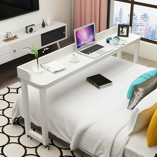 XMLYSMYS Überbetttisch mit Rollen, Rolltabletttisch für Laptop und Schreibtisch für Wohnzimmer, Home-Office-Krankenhaus-Arbeitsplatztisch(White,150x40x80cm)