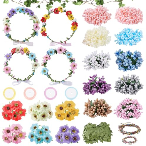 FREEBLOSS 16 Set Blumenkronen Bastelset. Stellen Sie Ihren Eigenen Blumenkronenkranz Und Stirnbänder Her. Handgemachte Haar Accessoires. DIY Blumenkronen Girlanden Set.