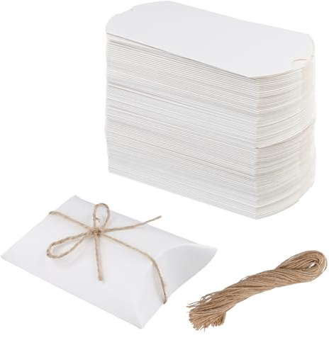 SENJEOK 100 cajas de regalo de almohada blancas, 13 x 8,8 x 3,5 cm, pequeñas cajas de regalo con cordel de yute para recuerdos de fiesta y regalos