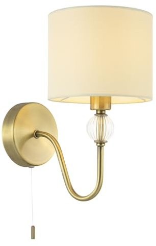 Happy Homewares Traditional Bedside Wall Light in Antique Brass with Pull Switch Button and White Cotton Shade | 25cm x 15cm x 23cm | 1 x 7w E14