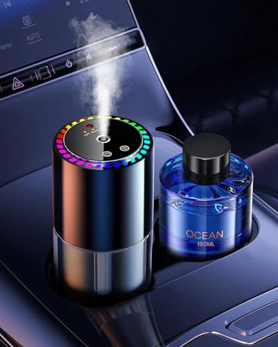 160ml Large Capacity Car Air Freshener Electric Diffuser with 160ml Perfumes (Cologne), Music Sync Lights, Ultrasonic Atomizer, 3 Modes, Auto ON/OFF, 500mAh battery, Fragrance Lasts 12 Month BJ-792
