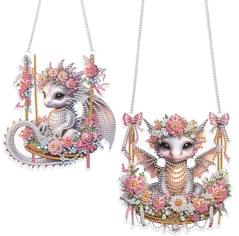 JISHSHAY 2 PCS Diamond Art Hanging Diamond Painting Sun Catchers Gem Art Table Wind Chimes Gem Painting Hanging Pendant Mosaic Kits for Adults Suncatchers Window Hangers Special Drills Dragon Flower