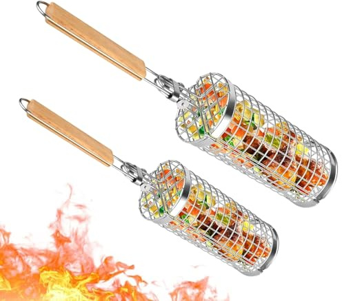 Cestas de parrilla anidables para barbacoa, cesta de verduras para barbacoa, juego de 2 herramientas de parrilla de acero inoxidable con mango de madera para el hogar, al aire libre, camping, cocina