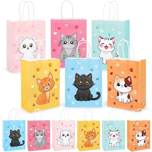PHOGARY Katze Kleine Geschenktüten, 18 Stück Papiertüten mit Henkel, Tüten Kindergeburtstag für Mitgebsel Kindergeburtstag Geschenkverpackung, Haustier Geburtstag Party Dekorationen