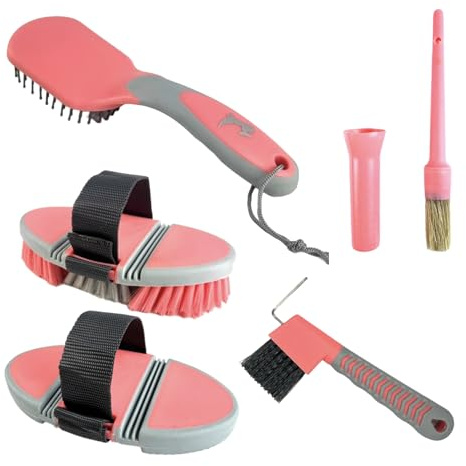 Juego de limpieza para caballos, cuidado del pelaje, cepillo de masaje, 2 en 1, rascador de cascos, cepillo para crines, cepillo para caballos, cepillo para pezuñas (coral rosa y gris)