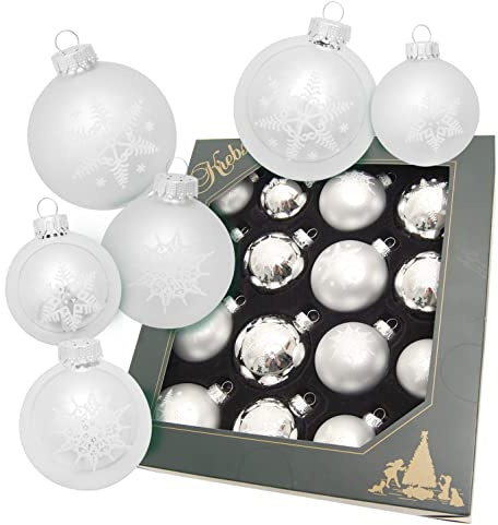 Krebs Glas Lauscha - Silberne Weihnachtskugeln mit Schneeflocke - 16 Stück - 6x5cm, 6x6cm, 4x7cm