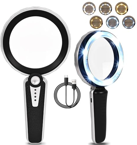 HUIBOER 45X Magnifying Glass with Light, 4.6 Inch 1200mAh USB Rechargeable, 6 Lighted Modes, Large Handheld Magnifier for Low Vision Seniors with Macular Degeneration, Reading, Jewelry, Coins - Black