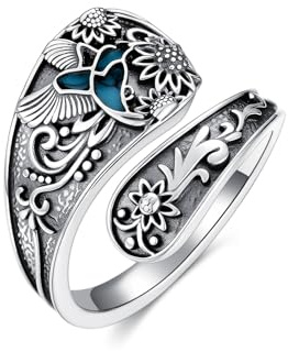 HARMONY BOLA skedringar med kolibrimotiv 925 sterling silver justerbar turkos smycken vintage sked smycken gåva för kvinnor, Sterlingsilver, Ingen ädelsten