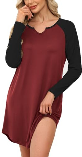 Ekouaer Nachthemd Damen Langarm Schlafshirt Winter Nachtwäsche Knielang mit V-Ausschnitt Sleepshirt Weinrot L