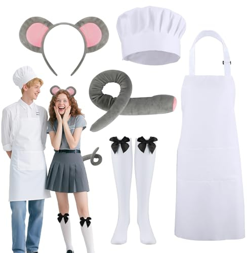 5 Pcs Couple Mouse Costume Accessories for Man and Woman with Adjustable Apron Chef Hat Mouse Headband Tail and Bow Socks for Women Men Halloween Cosplay Party