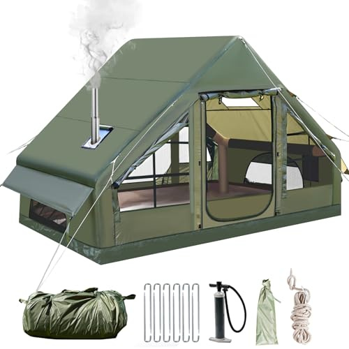 Aufblasbares Campingzelt mit Pumpe, 420D Oxford Glamping Aufblasbares Zelt für Camping mit Kaminöffnung & Dachfenster, 4 Saison Anti-UV Kabinenzelt mit Mesh Fenster & Türen für 4-6 Person