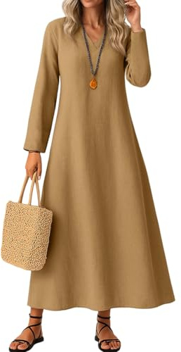 Générique Robe Portefeuille Femme Cache Coeur Robe Longue Femme en Coton Et Lin Couleur Autumn Casual Boho Col en V À Volants A-Line Manches Longues Robes pour Femmes Automne Vacances Marron M