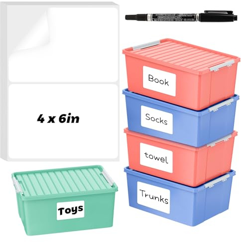 100 Pcs Labels for Storage Bins, 6 x 4 inch Large Label Stickers with 1 Double-ended Marker, Pen Removable Labels Adhesive Moving Labels Blank Labels Tear Resistant No Residue for School Business Home