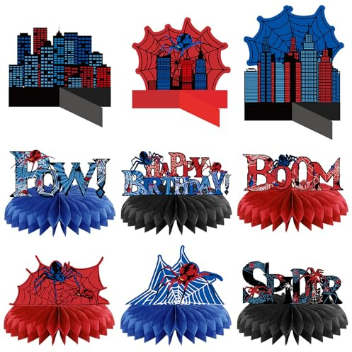 Outus 9 Pcs Spider Birthday Party Decorations Spider Honeycomb Centerpiece 3D Table Topper Standing Decorations Hero Web Theme Party Supplies for Birthday Shower Table Decor Indoor