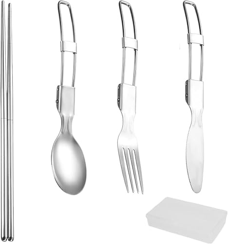 Folding Spoon & Fork with Foldable Knife – Complete Portable Cutlery Set with Folding Chopsticks – Ideal for Travel, Office, Camping & Outdoor Use