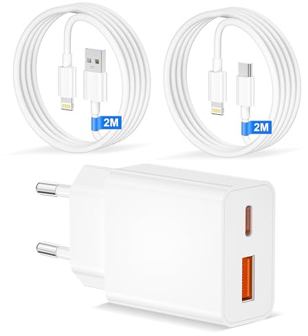 Cargador Carga Rapida for iPhone 14 13 12 11 Pro MAX Plus Mini XS XR X SE 8 7 6S 5S, 20W 2-Puertos USB C Enchufe Rapido con 2M Cable Lightning, Cargador iPhone Carga Rapida Tipo C Adaptador