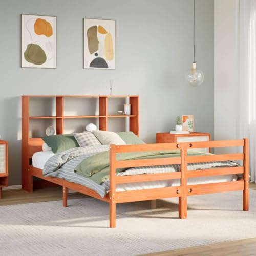 Qnhdfrt Massivholzbett mit Bücherregal Kiefernholz Bettgestell 135x190 cm Stauraum Lattenrost Rustikales Design für Schlafzimmer Gästebett Jugendbett