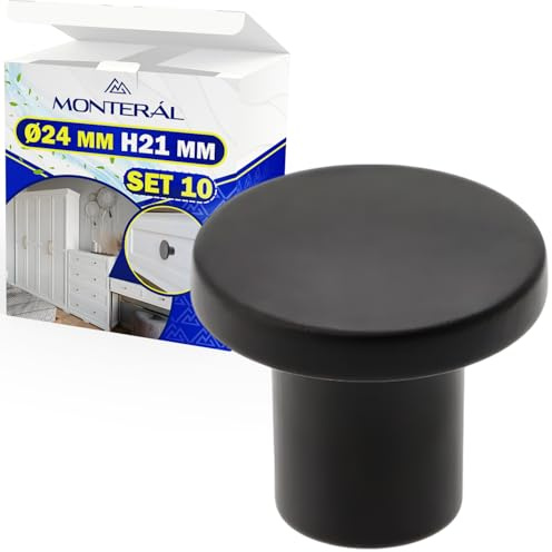 MONTERAL 10 stycken möbelknopp Ø24 mm H21 mm - möbelknopp tillverkad av zinklegering och aluminium i matt svart färg - 10 års garanti