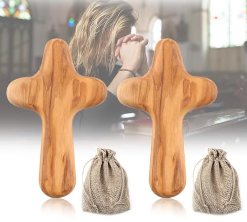 2PCS Holding Cross Olive Wood 10cm, Wooden Holding Cross Small Crucifix with with Portable Woven Linen Sack Handcrafted Religious Keepsake Religious Christian Faith for Men and Women Christian Gifts