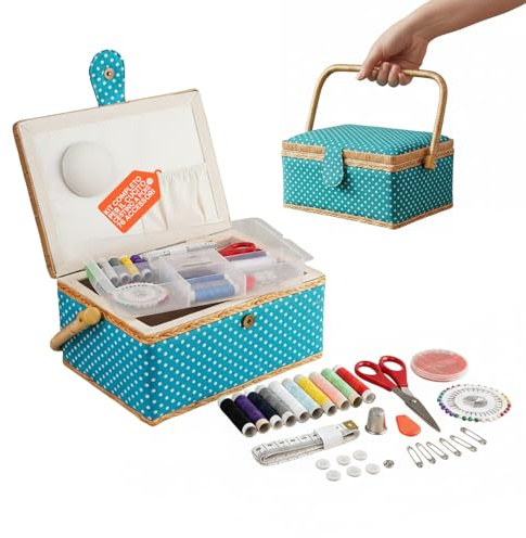 Avilia – Set Cucito Completo con Cestino a Pois, 76 Accessori, Vassoio con Scomparti Organizzati, Chiusura Magnetica, Ideale per Kit Cucito da Casa e da Viaggio