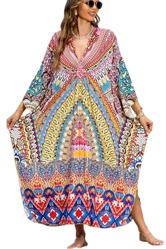 L-Peach Damen Bohemian Kaftan Nachthemd Langes Loungewear Strandkleid Vertuschungen Robe Sarong Pareo