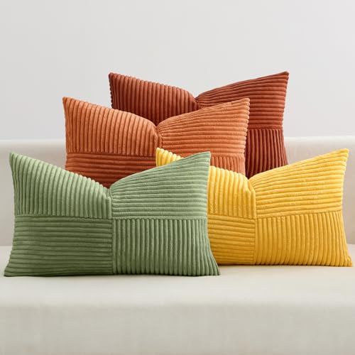 EMEMA Kissenbezug Kordsamt Herbst Kissenhülle 40x60 Orange-grün Serie | 4er Set Zierkissenbezug Dekokissen Sofakissen Kord Dekorative Kissen für Sofa Sessel Zuhause Schlafzimmer