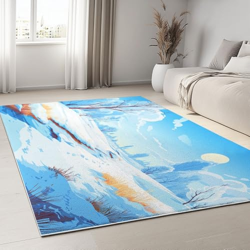 Generisch Teppich Wohnzimmer Kinderzimmerteppich Krabbelteppich Spielteppich Antirutsch - Waschbar Minimalistisch Frisch Winterlich Verschneiter Wald Kurzflor Teppiche Junge Mädchen, Blau 60 x 90 cm