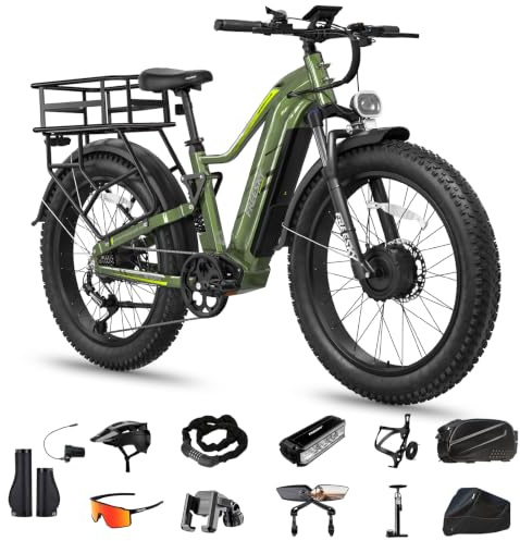 FREESKY Dual Motor Ebike for Adults : Eurostar Turbo 200NM Electric Bike, 48V 25Ah Battery 105-Mile Off-Road E Bike,26 Fat Tire Full-Suspension All-Terrain Mountain E Bicycle - Expedition & Commuter