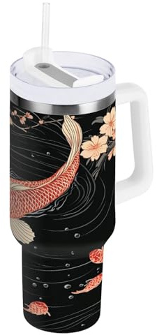 Jihqo Cherry Flowers with Pond Fish 40oz Insulated Tumbler with Handle and Straw Lid Leakproof Water Bottle Stainless Steel Vacuum Travel Mug Coffee Cup