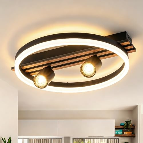 FORCOSO LED Ceiling Light for Bedroom, Floating Ring with 2X GU10 Spotlight | 48x40cm Floating Ring (No Bulbs), Wood Grain, 16W 4000K Energy Class B, Ideal for Hallway, Entrance, Staircase
