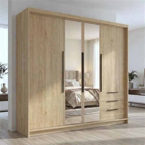 A&J MöbelLand VIVO Kleiderschrank 4-türig mit Spiegel und Schubladen – 200 x 215 cm – Drehtürenschrank mit Kleiderstange und Einlegeböden