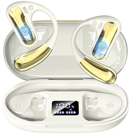 Auriculares de oreja abierta, Bluetooth 5.4 inalámbricos con ganchos para los oídos, tiempo de reproducción de 40 horas, llamada clara de IA, estuche de carga con pantalla LED, IPX7 impermeables