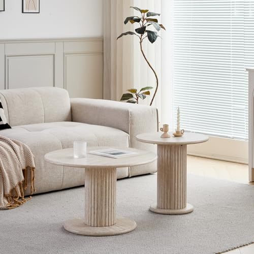 VectraCore Runder Couchtisch, 2er-Set Nordisches Satztisch Set mit R undem Beistelltisch, Geeignet für Wohnzimmer, Schlafzimmer, Büro und Café, Gelbe Travertinverkleidung