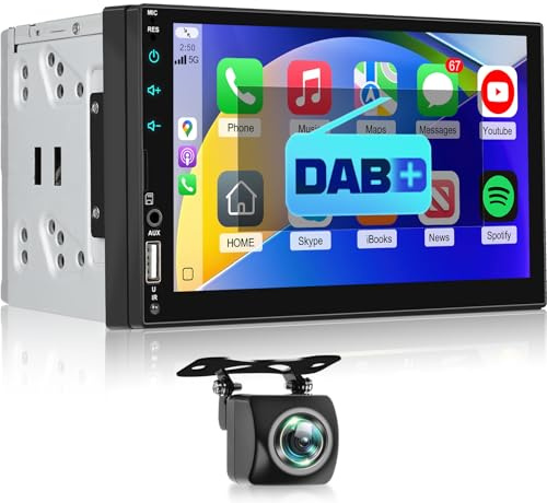 NHOPEEW 2 Din DAB Radio - 7 Zoll Autoradio unterstützt Wireless CarPlay Android Auto Mirror Link Lenkradsteuerung + 12 LED Rückfahrkamera