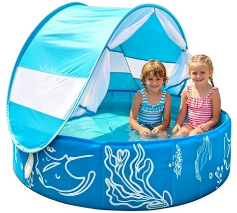 Piscina Infantil para Niños Pequeños - con Toldo Solar Y Red De Protección Plegable No Inflable | Piscina Infantil De 120 X 30 Centímetros - para Exterior, Patio, Parque, Playa, Viajes Y Juego