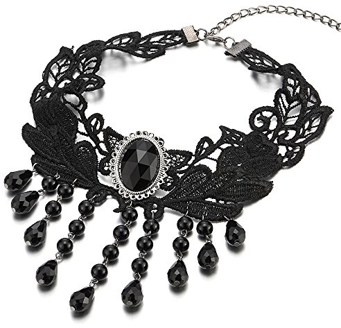 COOLSTEELANDBEYOND Gotischen Viktorianisch Nostalgisch Schwarz Spitze Choker Halskette Damen mit Wulst Schwarz Charm Anhänger Gliederkette