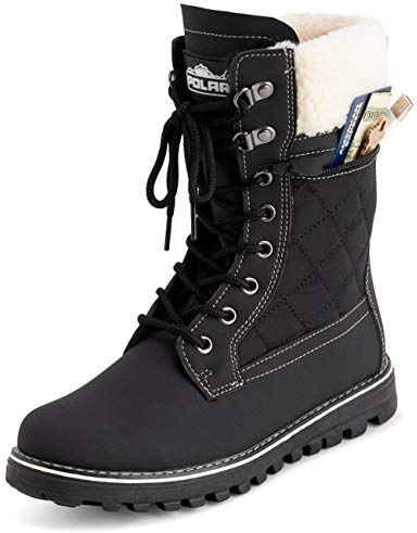 POLAR Womens Memory Foam Outside Pocket Inside Zip Thermal Waterproof Deep Tread Rubber Sole Snow Boots - Black/Beige Shearling - EU39/US8 - YC0617